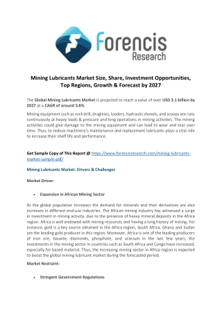 Mining lubricants market new business opportunities & investment research report 2027