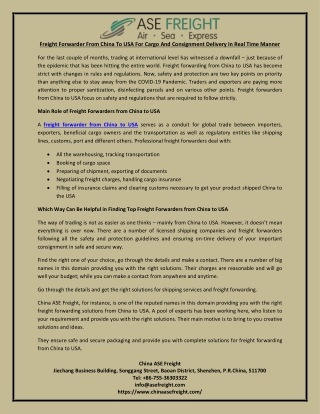 Freight forwarder from china to usa for cargo and consignment delivery in real time manner