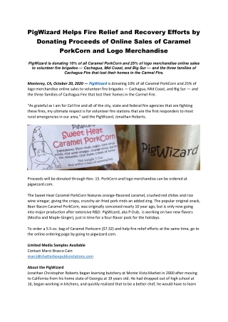 PigWizard Helps Fire Relief and Recovery Efforts by Donating Proceeds of Online Sales of Caramel PorkCorn and Logo Merch