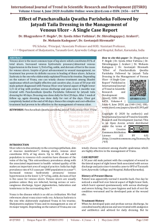 Effect of Panchavalkala Qwatha Parisheka Followed by Jatyadi Taila Dressing in the Management of Venous Ulcer A Single C