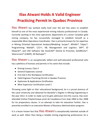 Ilias Atwani Holds A Valid Engineer Practicing Permit In Quebec Province