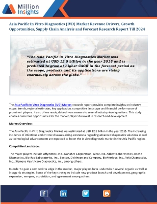 Asia Pacific In Vitro Diagnostics (IVD) Market Revenue Driving Factors and Key Companies Analysis, 2024