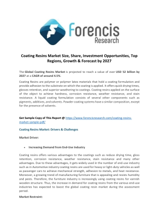 Coating resins market new research report announced; global industry analysis 2019   2027