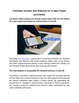 Coinbase Reveals New Features for in-App Crypto Purchases