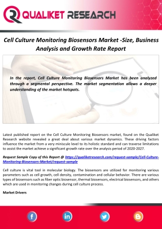 Cell Culture Monitoring Biosensors Market 2020-2027 : Global Analysis and Forecast Report
