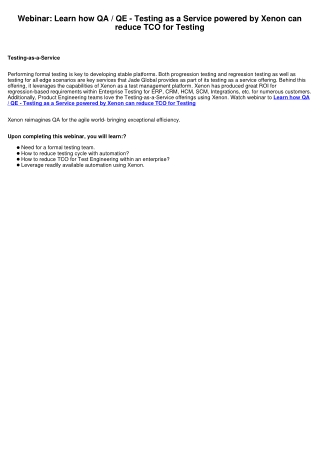 Webinar: Learn how QA / QE - Testing as a Service powered by Xenon can reduce TCO for Testing