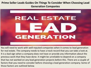 Prime Seller Leads Guides On Things To Consider When Choosing Lead Generation Companies