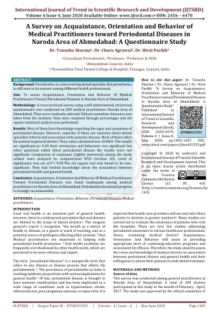 A Survey on Acquaintance, Orientation and Behavior of Medical Practitioners toward Periodontal Diseases in Naroda Area o