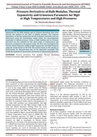 Pressure Derivatives of Bulk Modulus, Thermal Expansivity and Grüneisen Parameter for MgO at High Temperatures and High