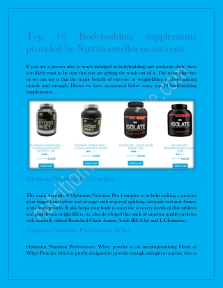 Top 10 Bodybuilding supplements provided by Nutritionwellnesscare.com