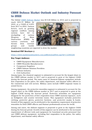 CBRN Defense Market Outlook and Industry Forecast to 2022