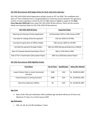 SSC CHSL Recruitment 2019 Apply Online for Clerk, Data Entry Operator