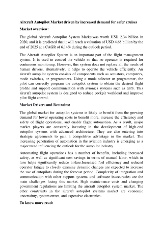 Aircraft Autopilot System Market | Industry Trends Growth Report 2020-2025