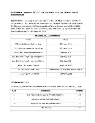 Staff Selection Commission (SSC) CPO 2020 Recruitment 2020: 1564 Vacancies. Central Government Job