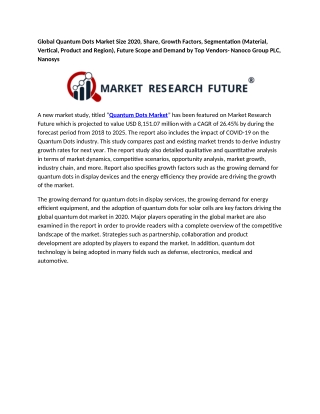 Quantum Dots Market Size 2020, Share, Growth Factors, Segmentation, Future Scope and Demand by Top Vendors- Nanoco Group