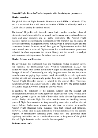 Aircraft Flight Recorder Market Size and Growth Analysis Report 2020