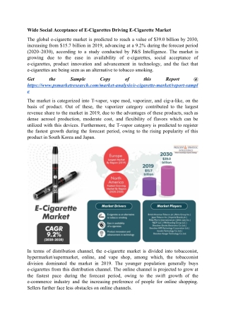 Wide Social Acceptance of E-Cigarettes Driving E-Cigarette Market