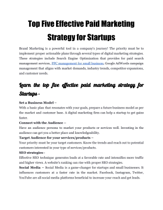 Top Five Effective Paid Marketing Strategy for Startups