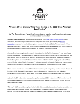 Alvarado Street Brewery Wins Three Medals at the 2020 Great American Beer Festival®