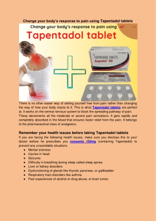 Change your body’s response to pain using Tapentadol tablets