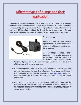 Different types of pumps and their application
