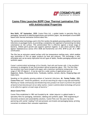 Cosmo Films Launches BOPP Clear Thermal Lamination Film with Antimicrobial Properties