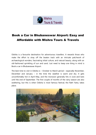 Book a Car in Bhubaneswar Airport: Easy and Affordable with Mishra Tours & Travels