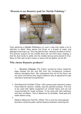 Foremost Objective to use Bonastre pads for Marble Polishing