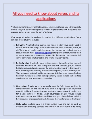 All you need to know about valves and its applications
