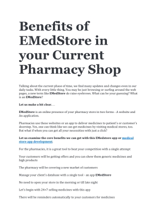 Benefits of EMedStore in your Current Pharmacy Shop