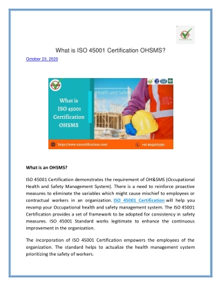 What is ISO 45001 Certification OHSMS?