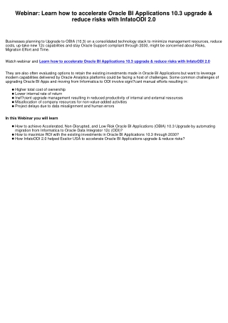 Webinar: Learn how to accelerate Oracle BI Applications 10.3 upgrade & reduce risks with InfatoODI 2.0
