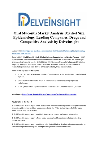 Oral Mucositis Market Analysis, Market Size, Epidemiology, Leading Companies, Drugs and Competitive Analysis by DelveIns