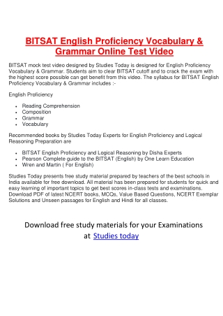 BITSAT English Proficiency Vocabulary & Grammar Online Test Video-BITSAT Mock Test