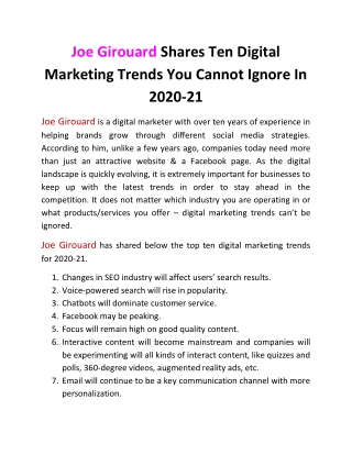 Joe Girouard Shares Ten Digital Marketing Trends You Cannot Ignore In 2020-21