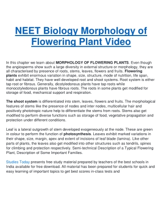 NEET Biology Morphology of Flowering Plant Video