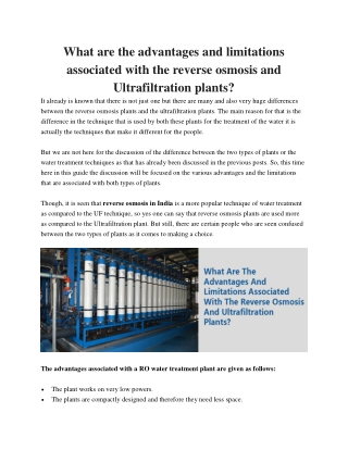What are the advantages and limitations associated with the reverse osmosis and Ultrafiltration plants?