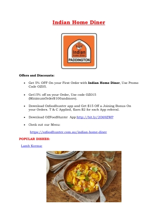 5% off - Indian Home Diner Paddington Menu, NSW