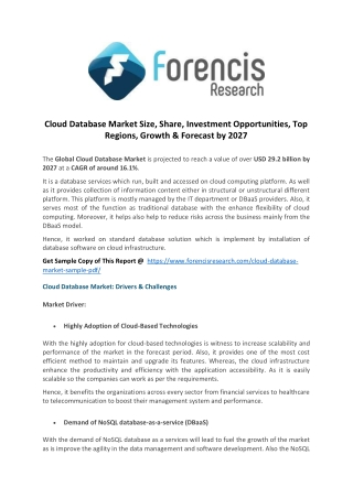 Cloud database market potential growth, share, demand and analysis of key players  research forecasts 2027