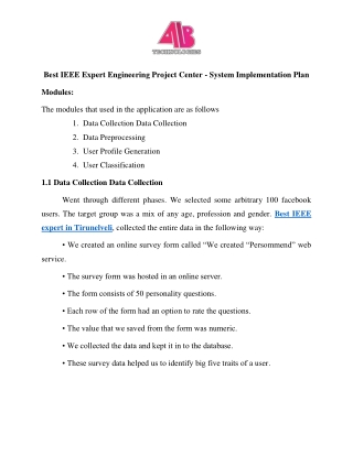 Best IEEE Expert Engineering Project Center - System Implementation Plan