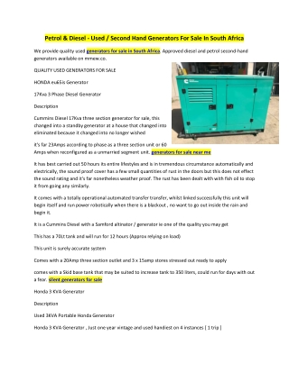 Petrol & Diesel - Used / Second Hand Generators For Sale In South Africa