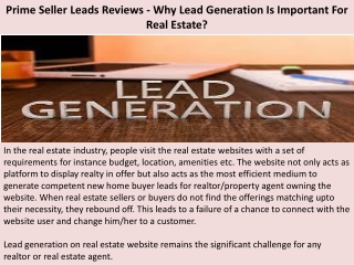 Prime Seller Leads Reviews - Why Lead Generation Is Important For Real Estate?