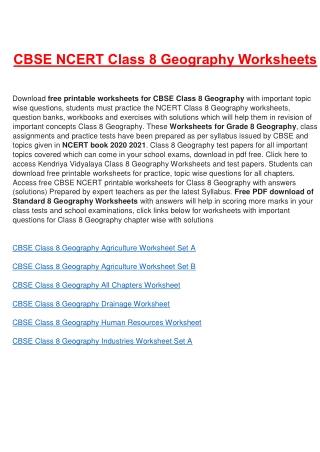 Worksheets for Class 8 Geography