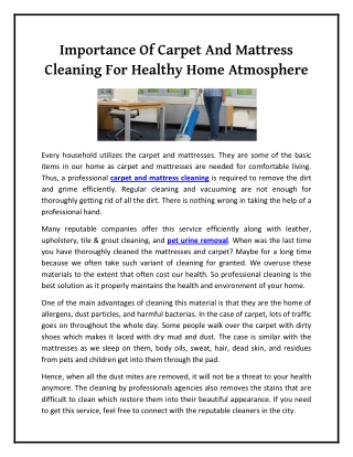 Importance Of Carpet And Mattress Cleaning For Healthy Home Atmosphere