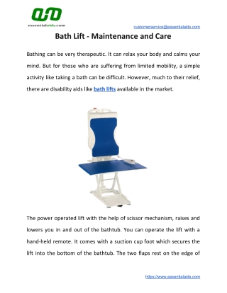 Bath Lift - Maintenance and Care