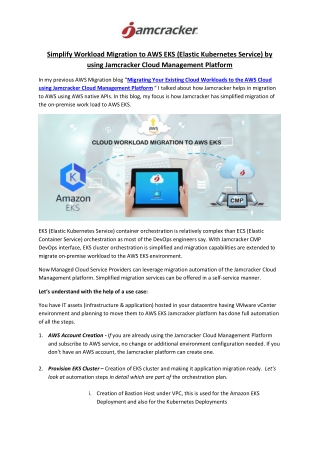 Simplify Workload Migration to AWS EKS (Elastic Kubernetes Service) by using Jamcracker Cloud Management Platform