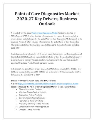 Point of Care Diagnostics Market 2020-27 Key Drivers, Business Outlook