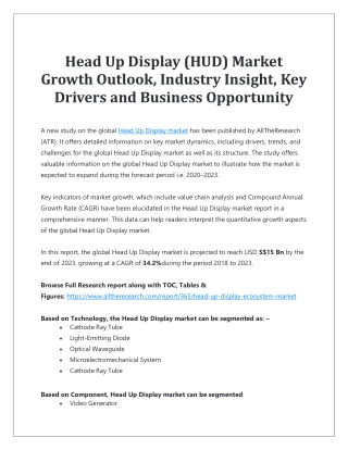 Head Up Display (HUD) Market Growth Outlook, Industry Insight, Key Drivers and Business Opportunity