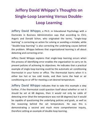 Jeffery David Whippo’s Thoughts on Single-Loop Learning Versus Double-Loop Learning