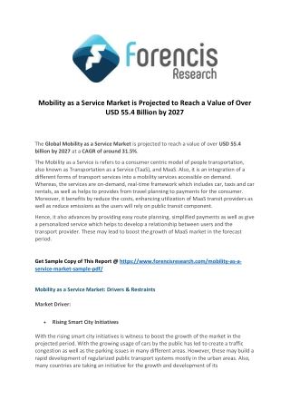 Mobility as a service market global industry analysis, competitive insight and key drivers; research report 2019  2027